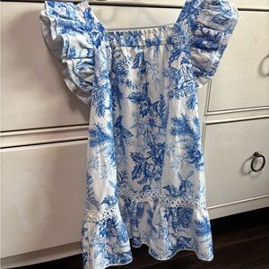 SHEIN 4T-5T White and Blue Floral Ruffle Sleeve Dress Lightweight Summer Soft